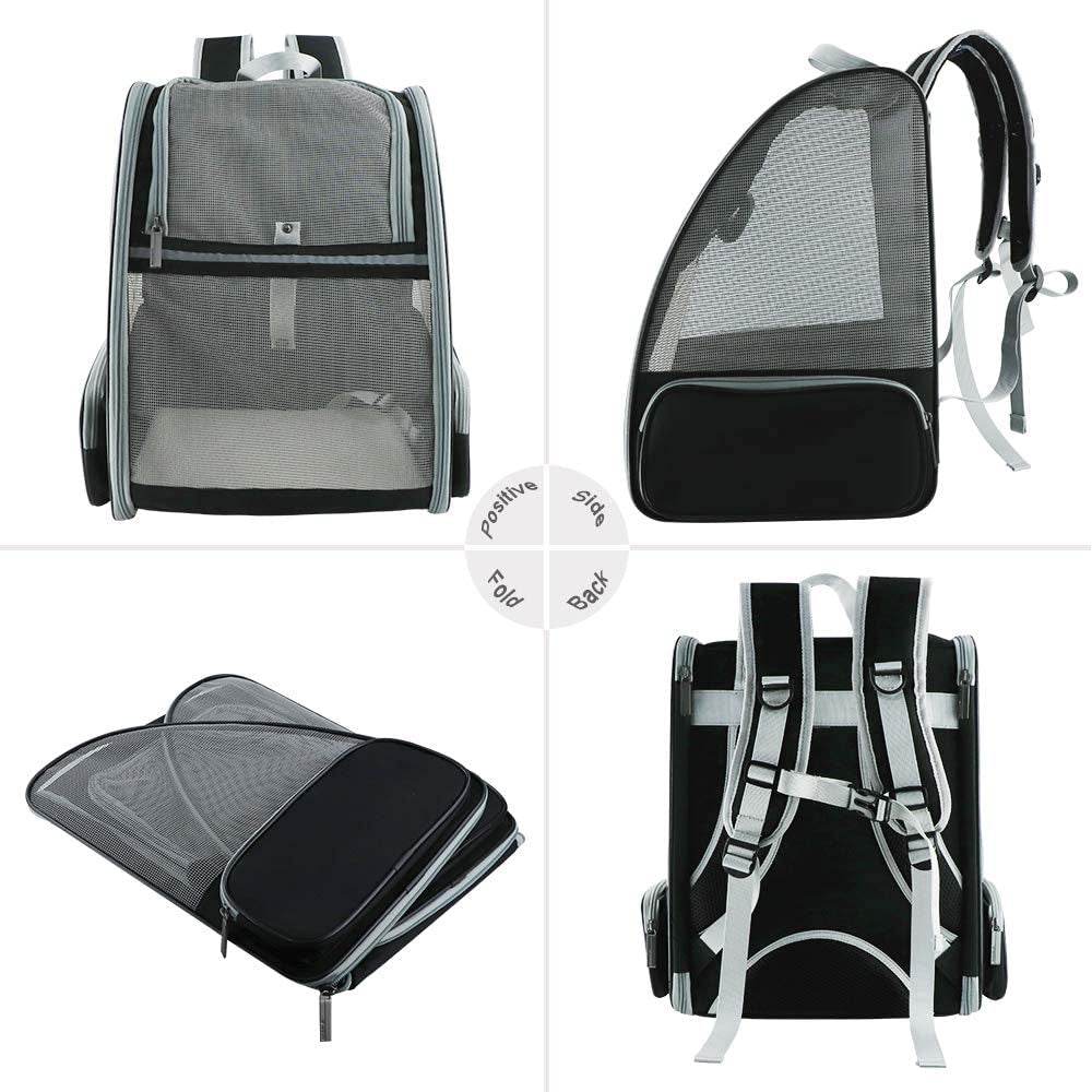 Grey bubble pet travel carrier with black base, folding lid, and backpack straps