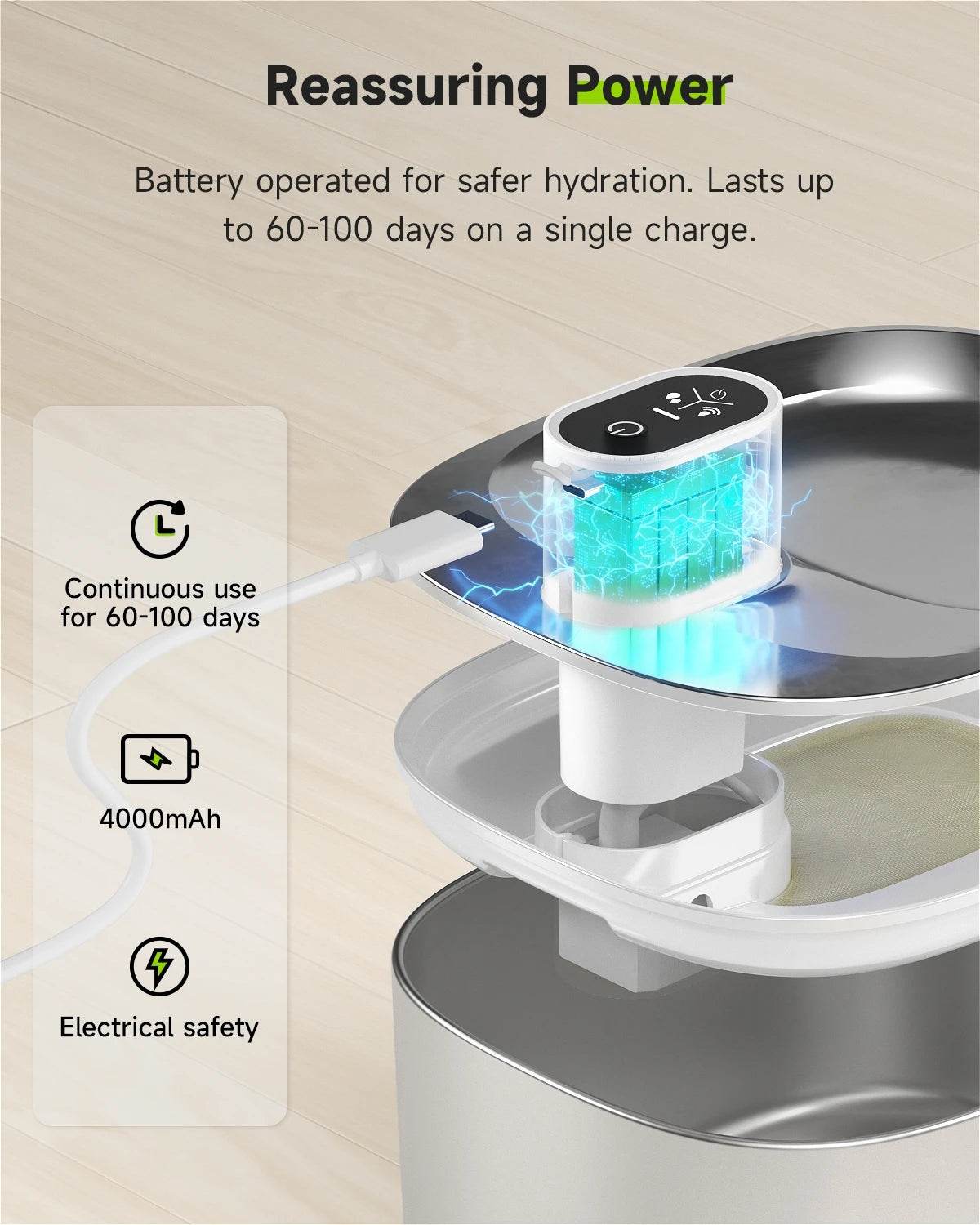 Cordless stainless steel pet water fountain with blue LED indicator and water tank top
