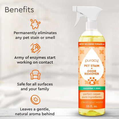 Pet Stain & Odor Remover spray bottle with benefits text and icons