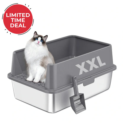 XXL gray cat litter box with high sides and included litter scoop, white cat inside