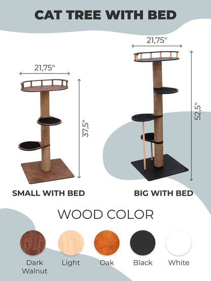 Cat tree size chart and wood color options: dark walnut, light, oak, black, white.