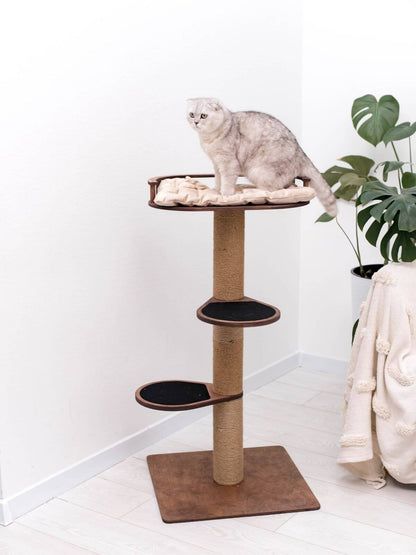 Small cat tree with cushioned top bed and two lower perches; cat sitting on top.