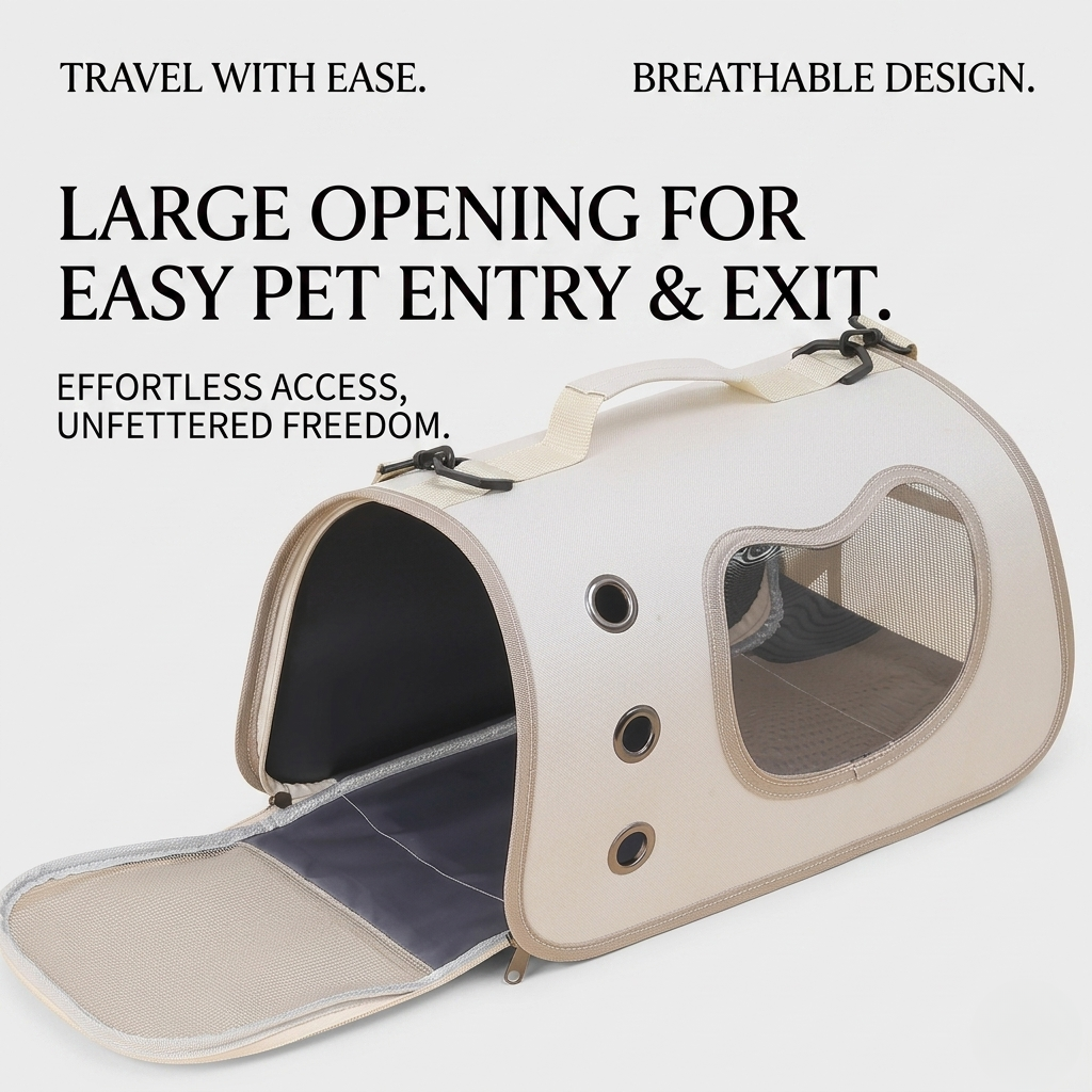 Beige pet carrier backpack with bubble window and open top entry, showing interior mat.