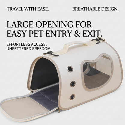 Beige pet carrier backpack with bubble window and open top entry, showing interior mat.