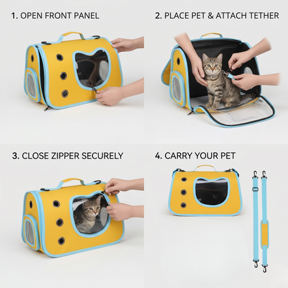 Pet carrier backpack with clear bubble window, yellow and blue trim, side carrying handle