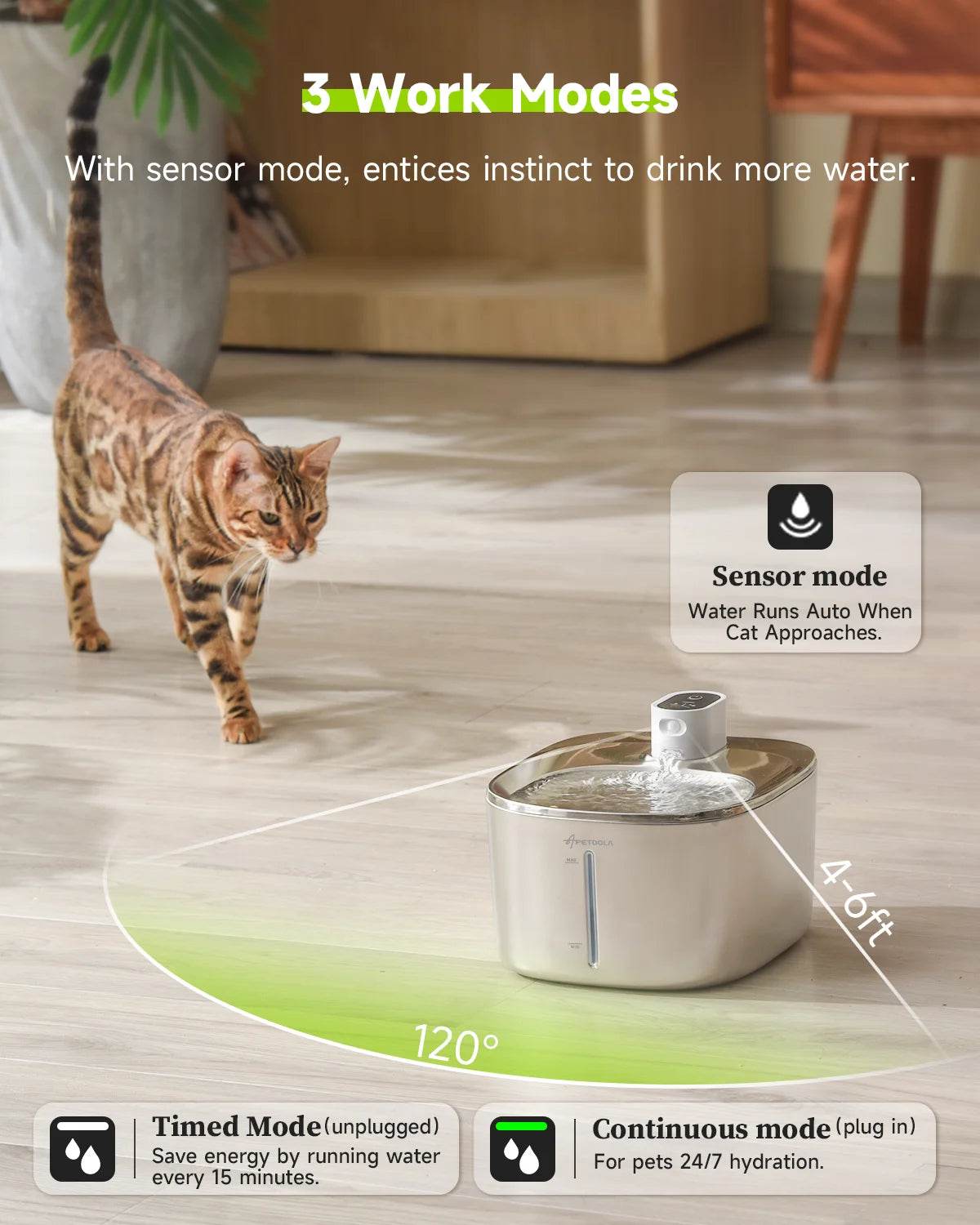 Stainless steel cordless pet water fountain with raised water stream for drinking