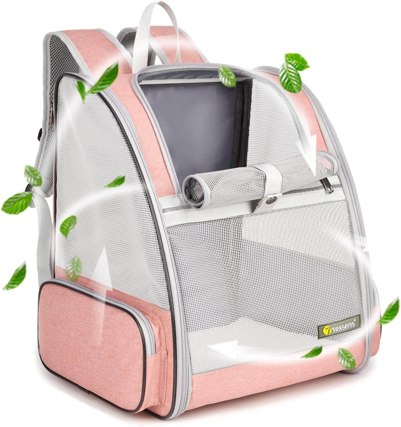 Pink and cream pet travel carrier with leaf print, zip front and open mesh side panels