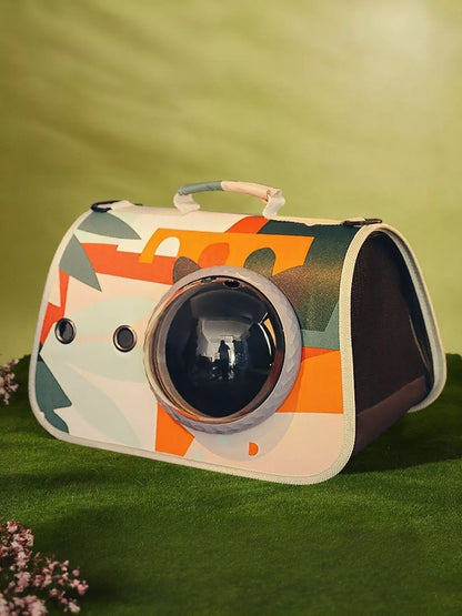 Pet bubble window carrier bag with round front view and top handle, white with geometric print