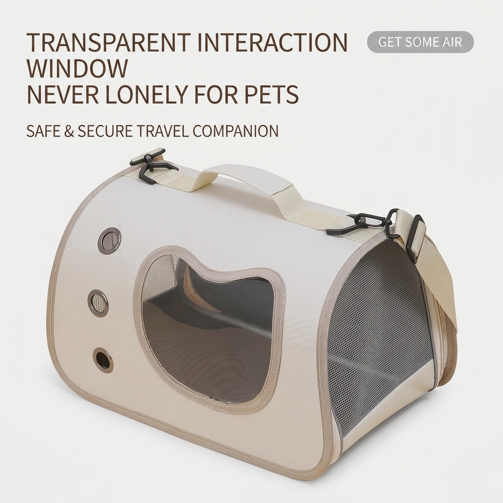 Beige pet carrier backpack with bubble window and side ventilation mesh panel.