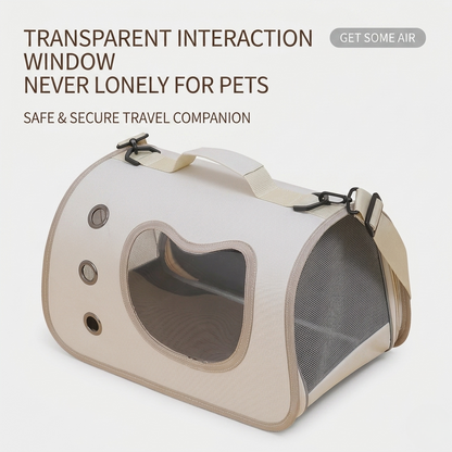 Beige pet carrier backpack with bubble window and side ventilation mesh panel.