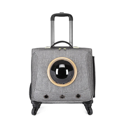 Light gray rolling pet travel carrier with round bubble window and black wheels