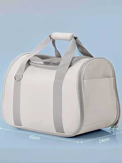 Portable pet carrier bag with round bubble window, white with gray panels and zipper side