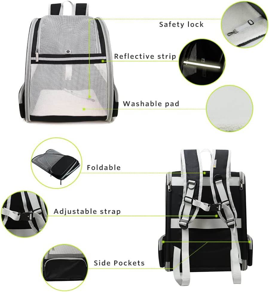 Grey bubble pet travel carrier with safety lock, reflective strip, and adjustable strap