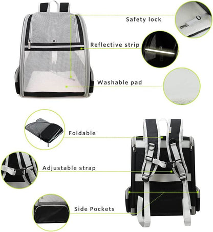 Grey bubble pet travel carrier with safety lock, reflective strip, and adjustable strap