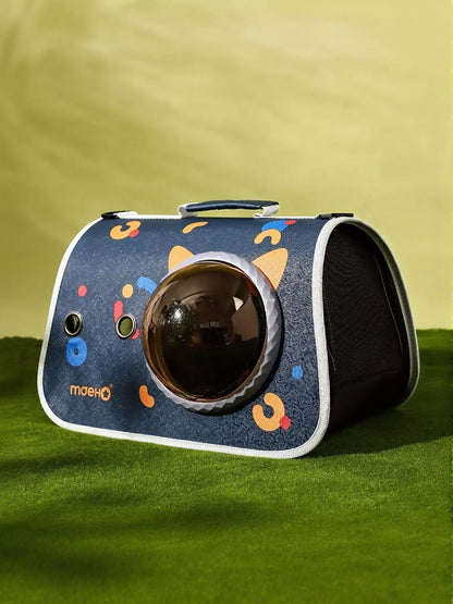 Navy pet carrier bag with playful icons and round bubble window