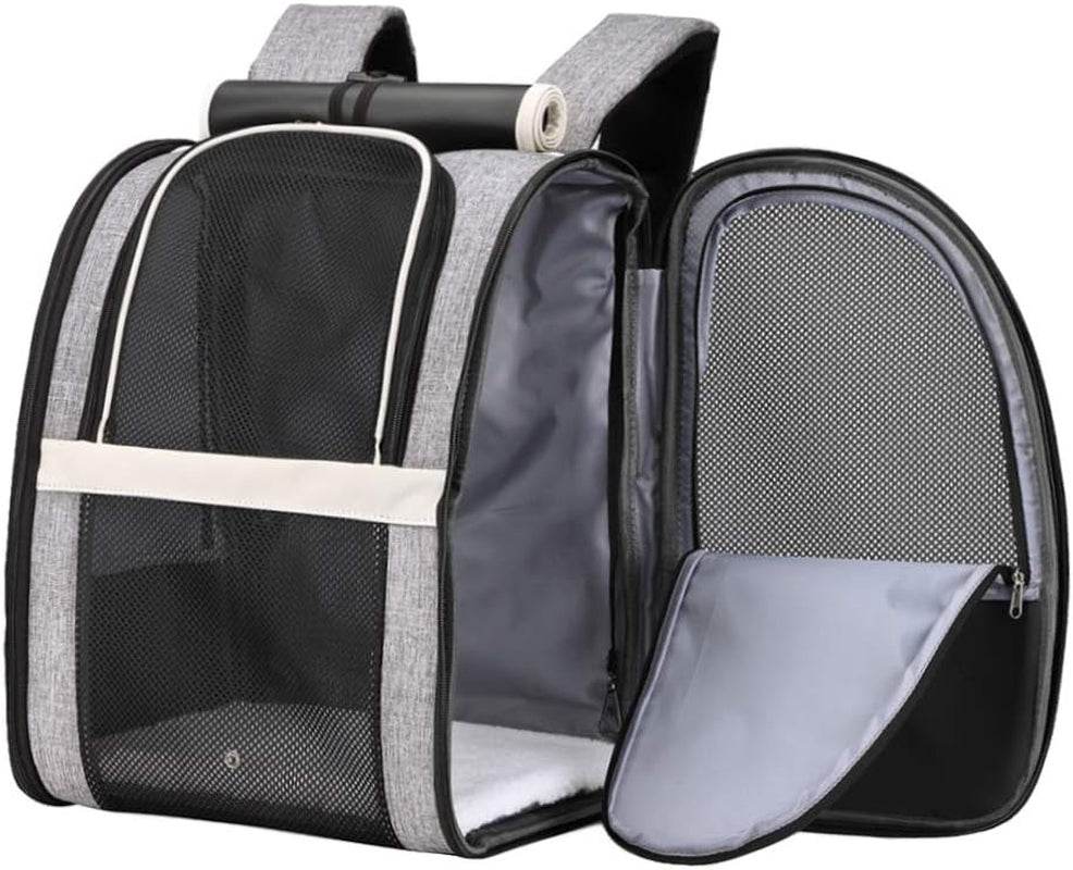 Black pet travel carrier with front mesh window and zip-open side door
