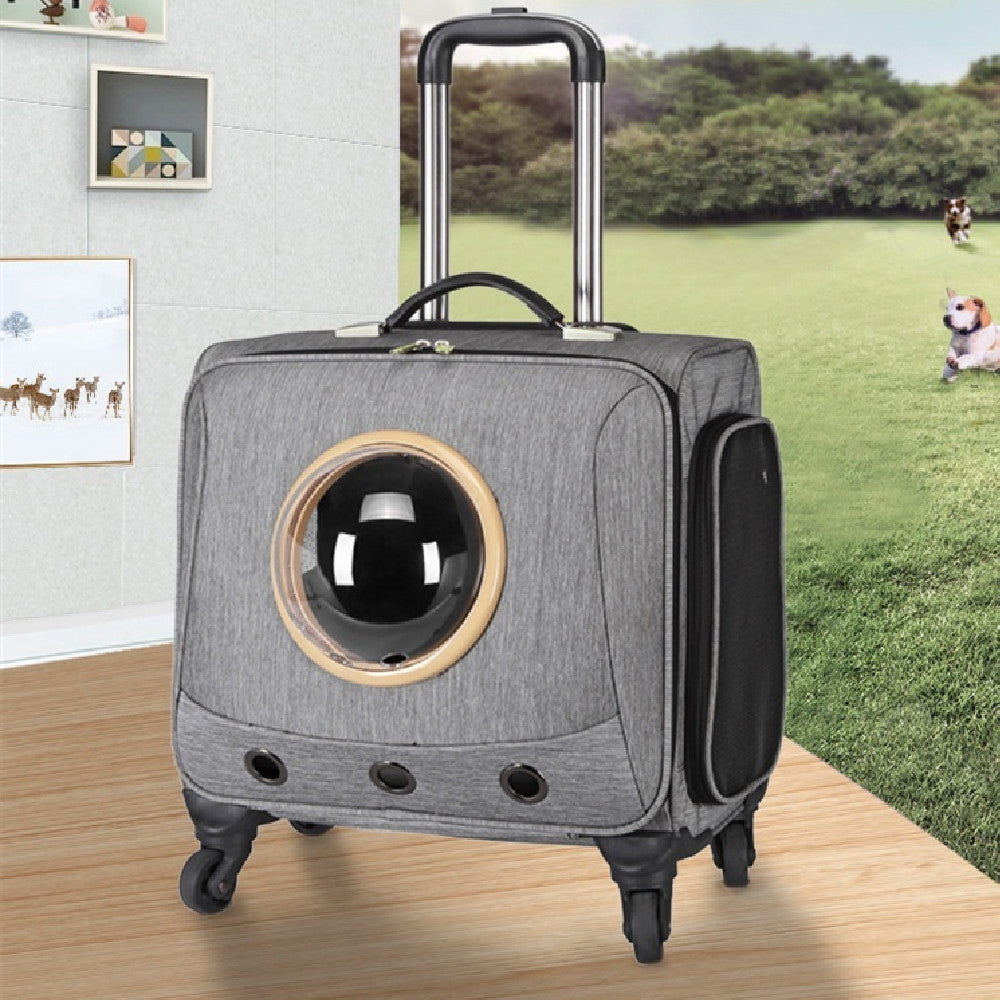 Light gray rolling pet travel carrier with round bubble window and front wheels