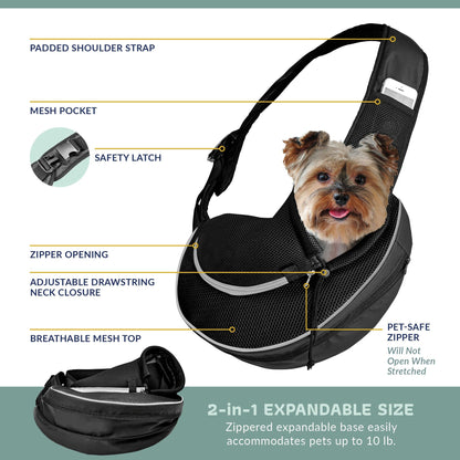 Black expandable pet sling carrier with mesh pocket and zipper opening for small dogs.