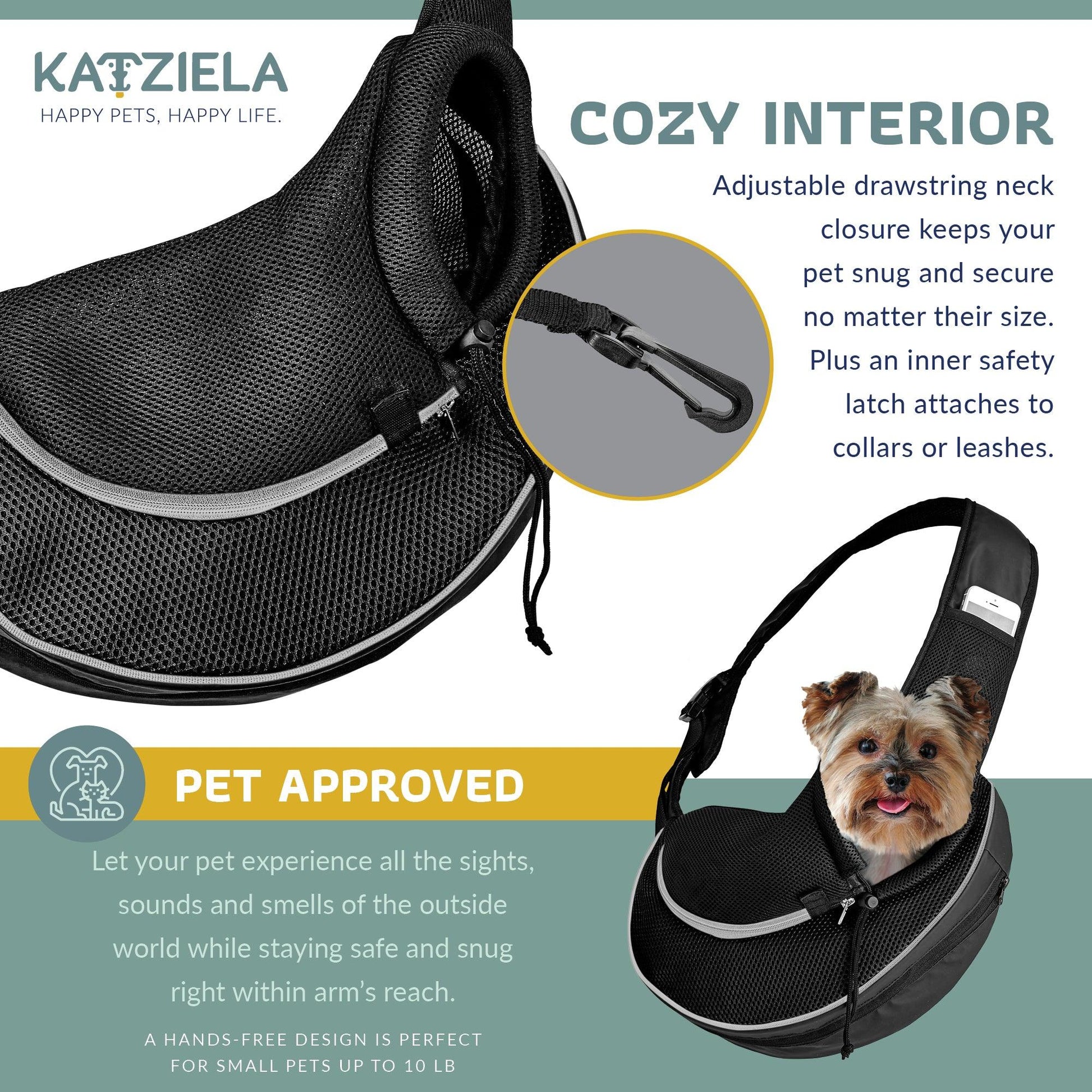 Black expandable mesh sling pet carrier with adjustable drawstring neck closure