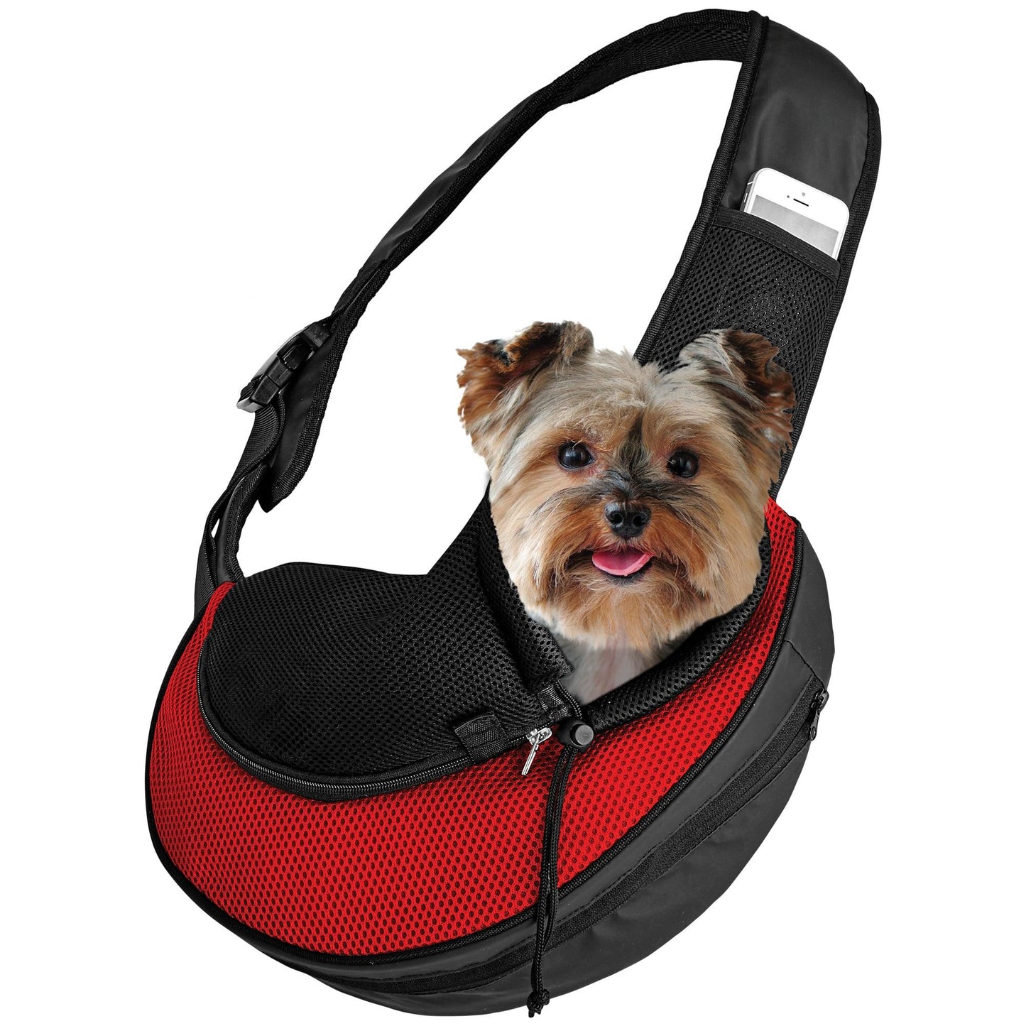 Red and black expandable mesh sling pet carrier with zippered opening and safety latch