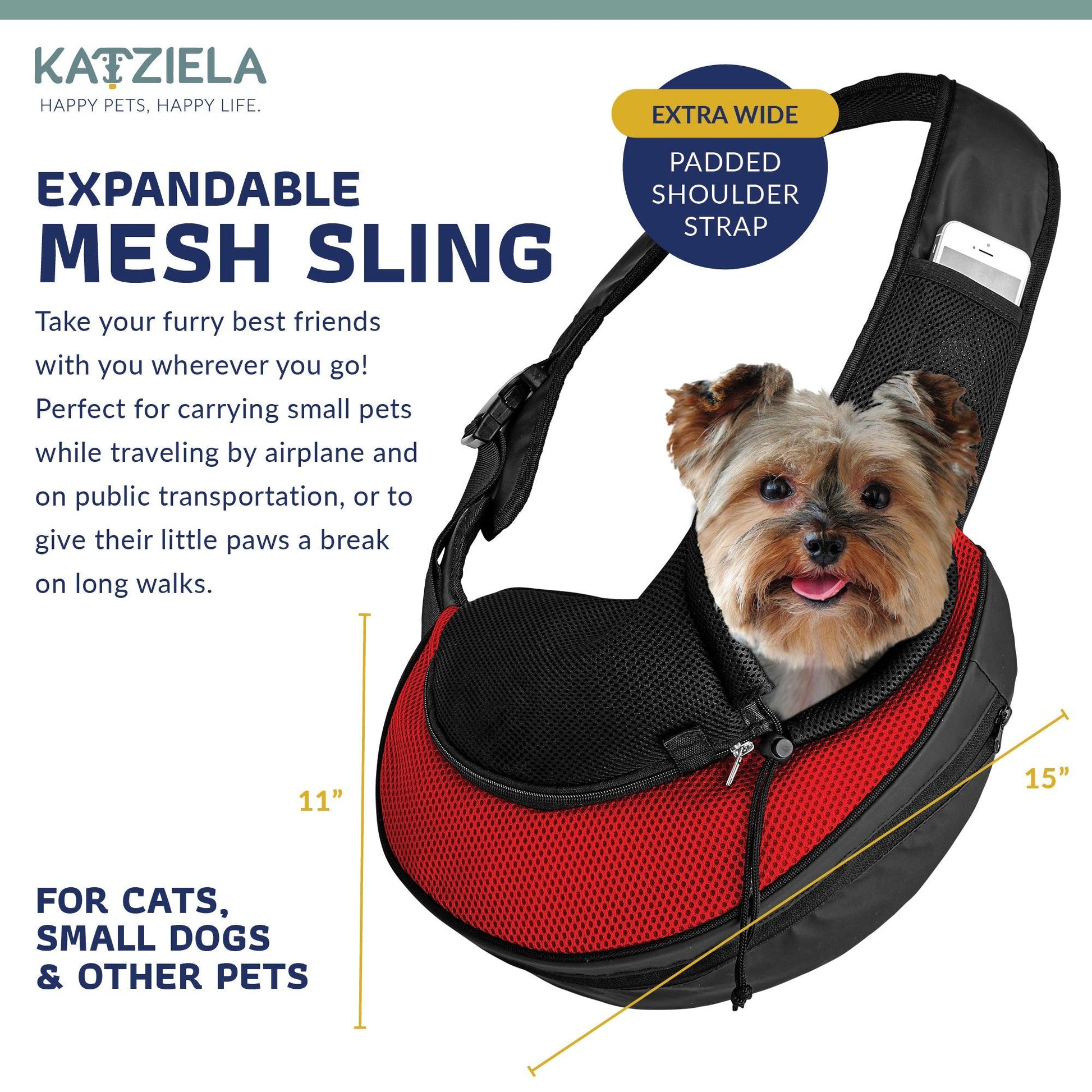 Red and black expandable mesh sling pet carrier with padded shoulder strap and breathable top