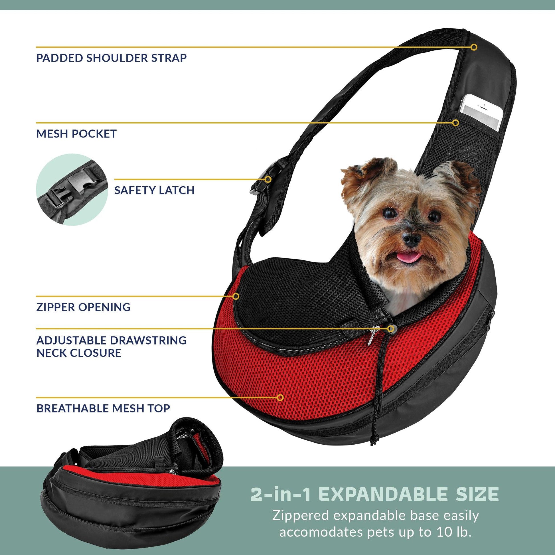 Red and black expandable mesh sling pet carrier with mesh pocket and zippered opening