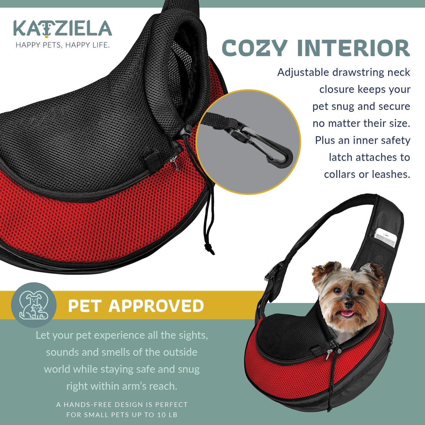 Red and black expandable mesh sling pet carrier with adjustable drawstring neck closure