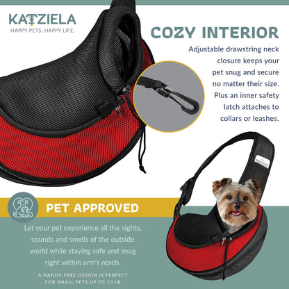 Red and black expandable mesh sling pet carrier with adjustable drawstring neck closure