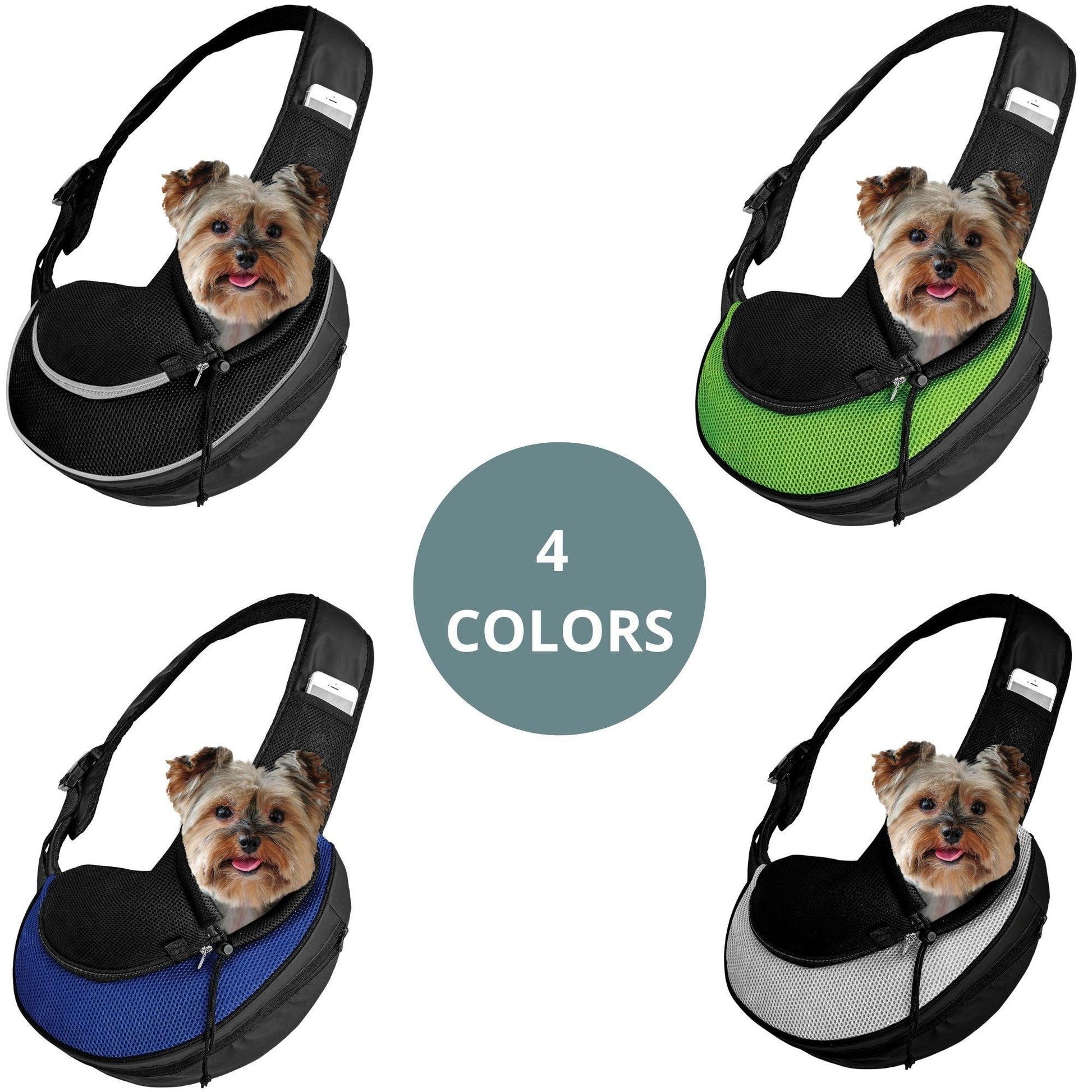 Pet sling carrier set in multiple colors, showing blue, green, and black styles with pet.