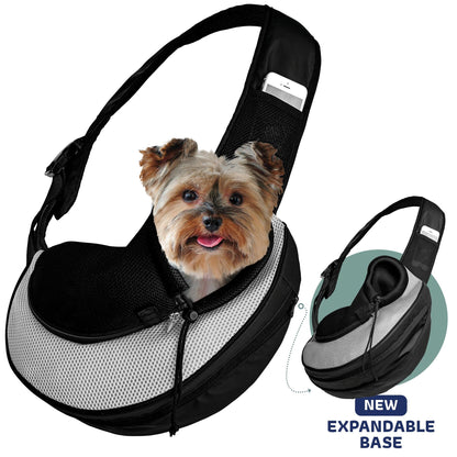 Black expandable mesh sling pet carrier with new expandable base and padded shoulder strap