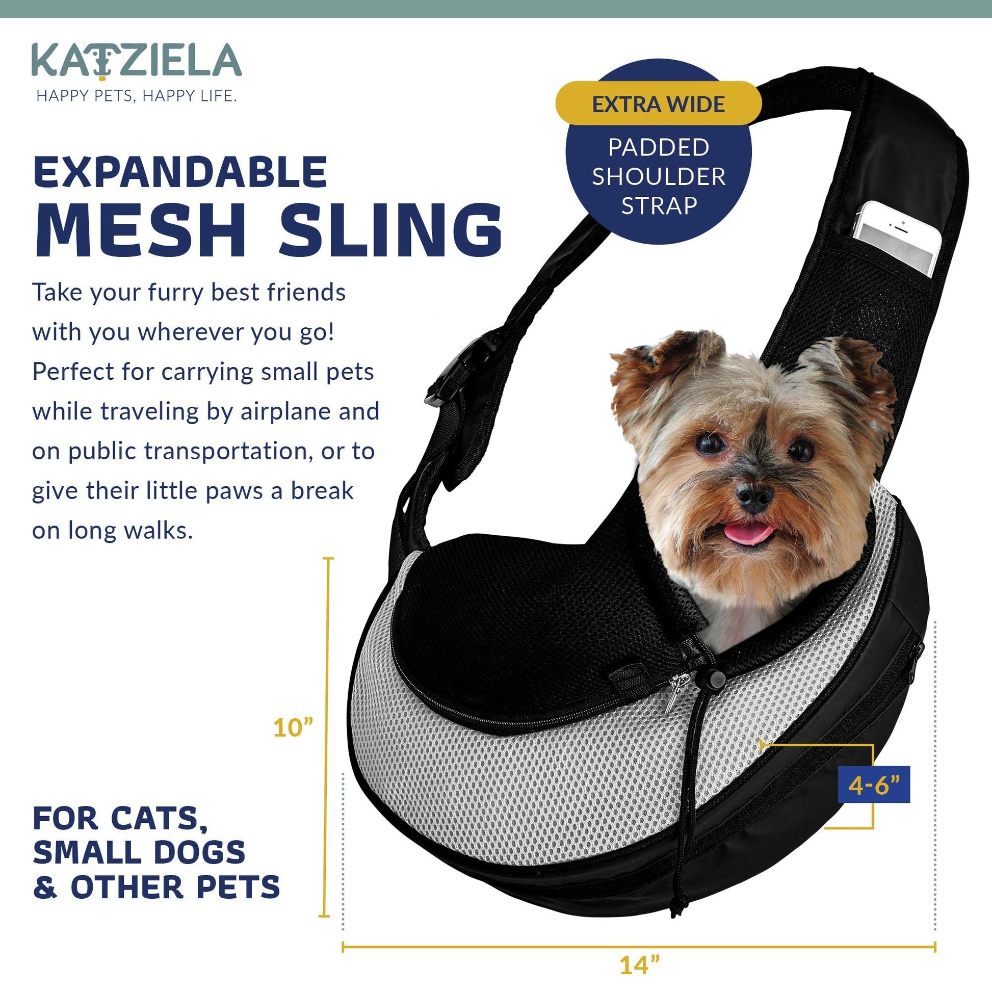 Expandable sling pet carrier with black frame and front mesh panel, padded shoulder strap
