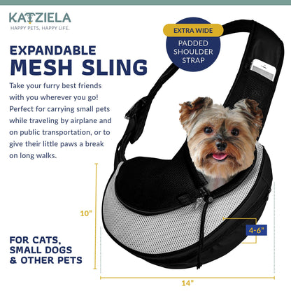 Expandable sling pet carrier with black frame and front mesh panel, padded shoulder strap