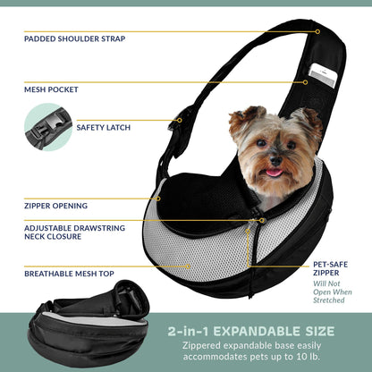 Black expandable mesh sling pet carrier with zip opening, safety latch and adjustable drawstring