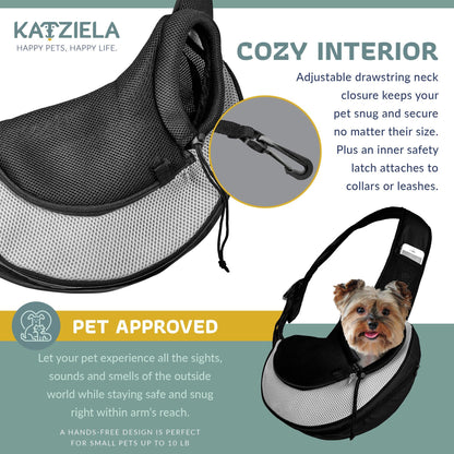 Expandable mesh pet sling with padded interior and drawstring neck closure, black mesh top
