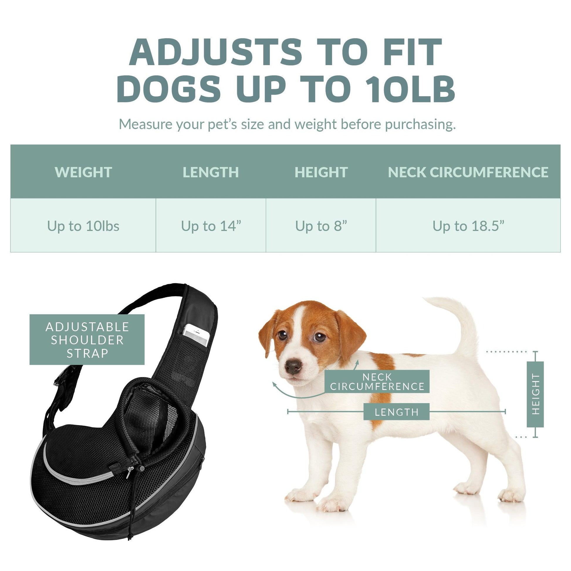 Adjustable expandable dog sling carrier with size chart and neck strap for up to 10 lb
