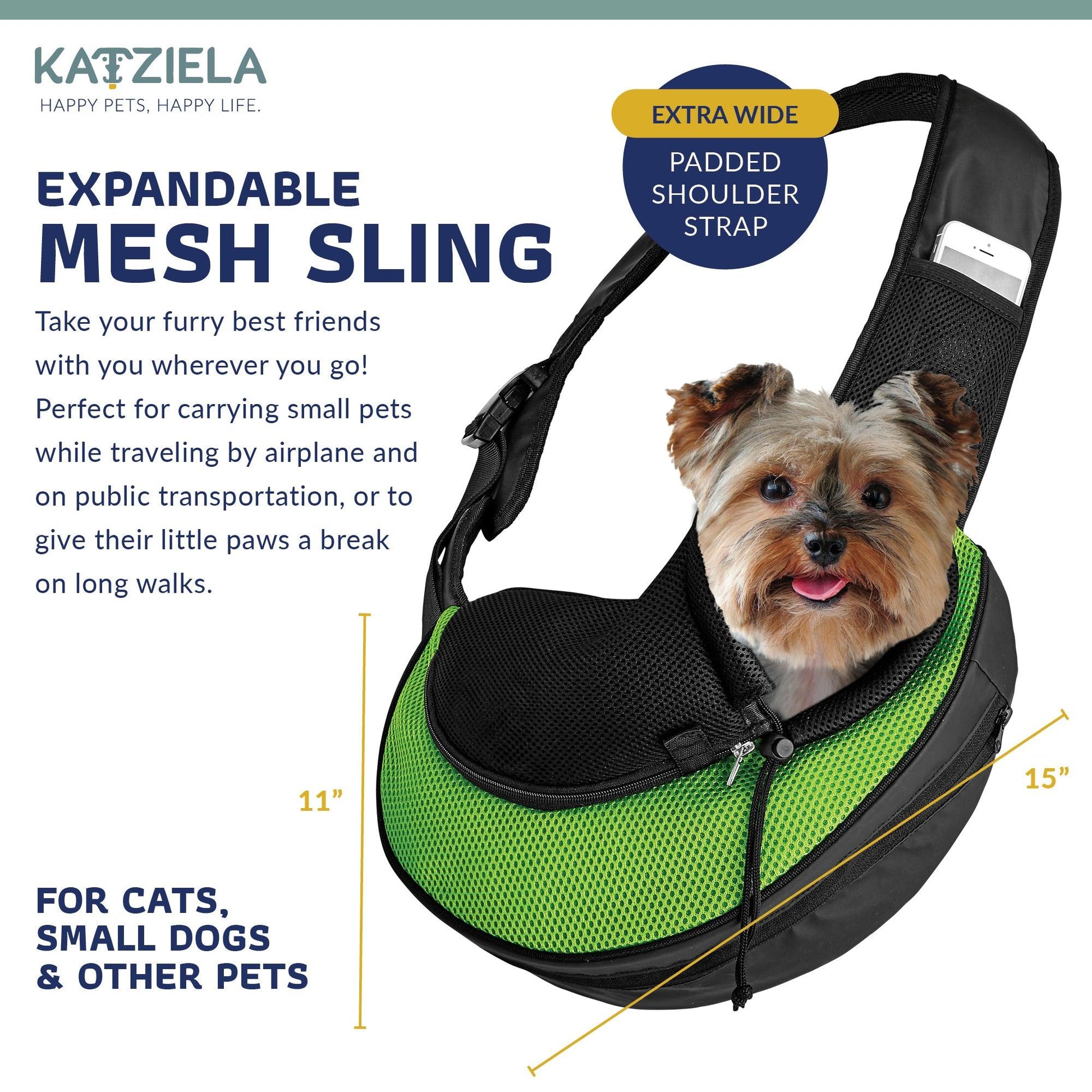 Green and black expandable mesh sling pet carrier with small dog resting inside.