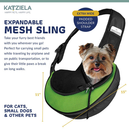 Green and black expandable mesh sling pet carrier with small dog resting inside.