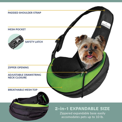 Green and black pet sling carrier with breathable mesh top and padded shoulder strap.