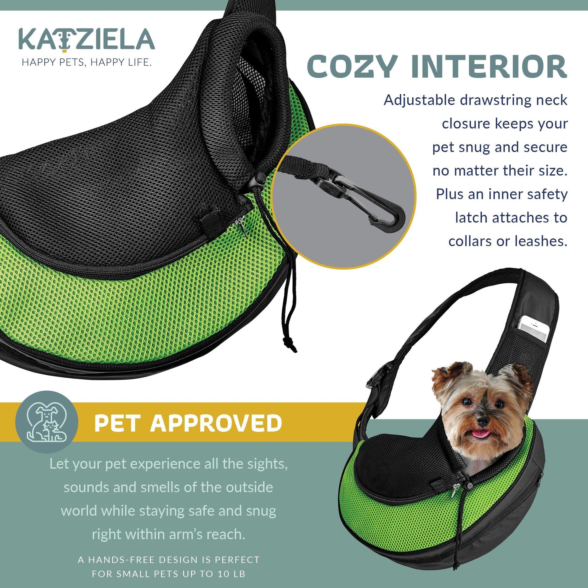 Green and black pet sling carrier interior with adjustable neck drawstring and safety latch.