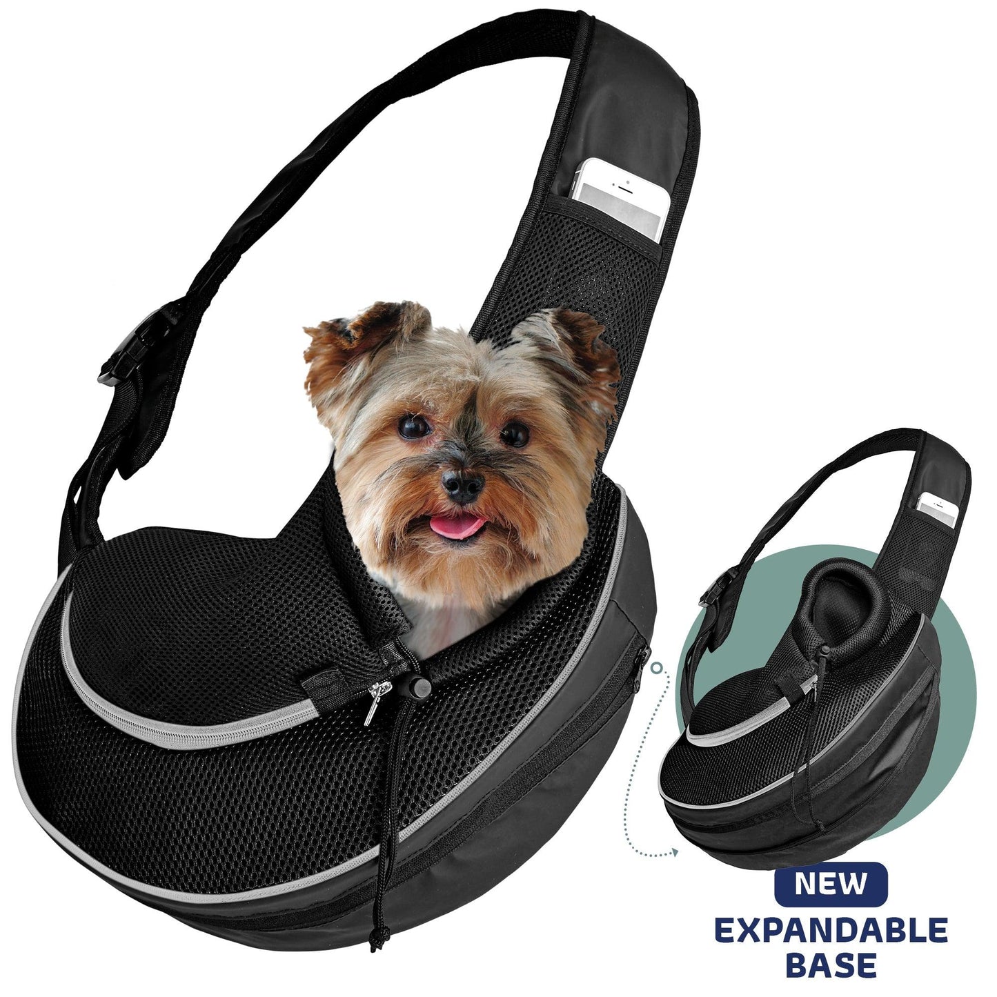 Black expandable mesh pet sling carrier with a small dog and padded shoulder support.