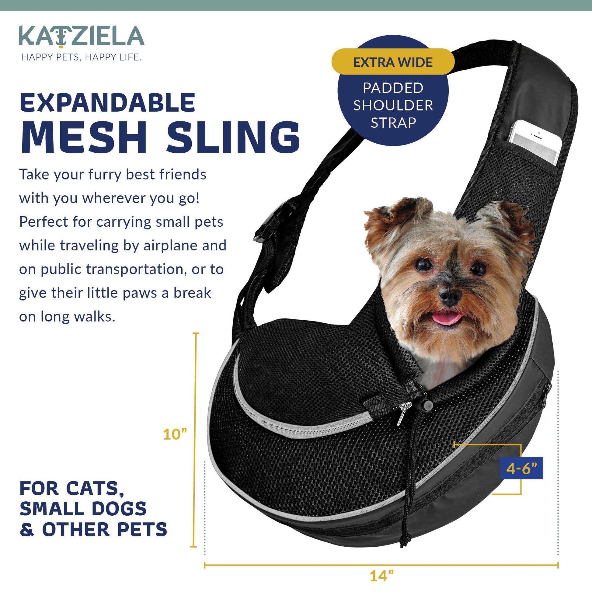 Black expandable mesh sling pet carrier with small dog inside and extra wide padded strap.