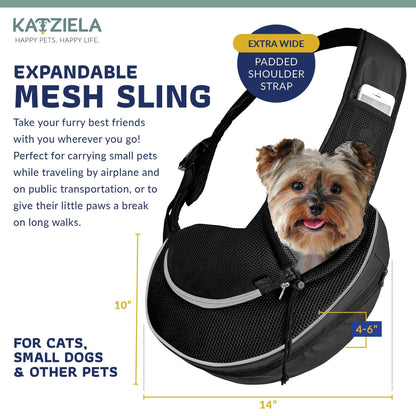 Black expandable mesh sling pet carrier with small dog inside and extra wide padded strap.