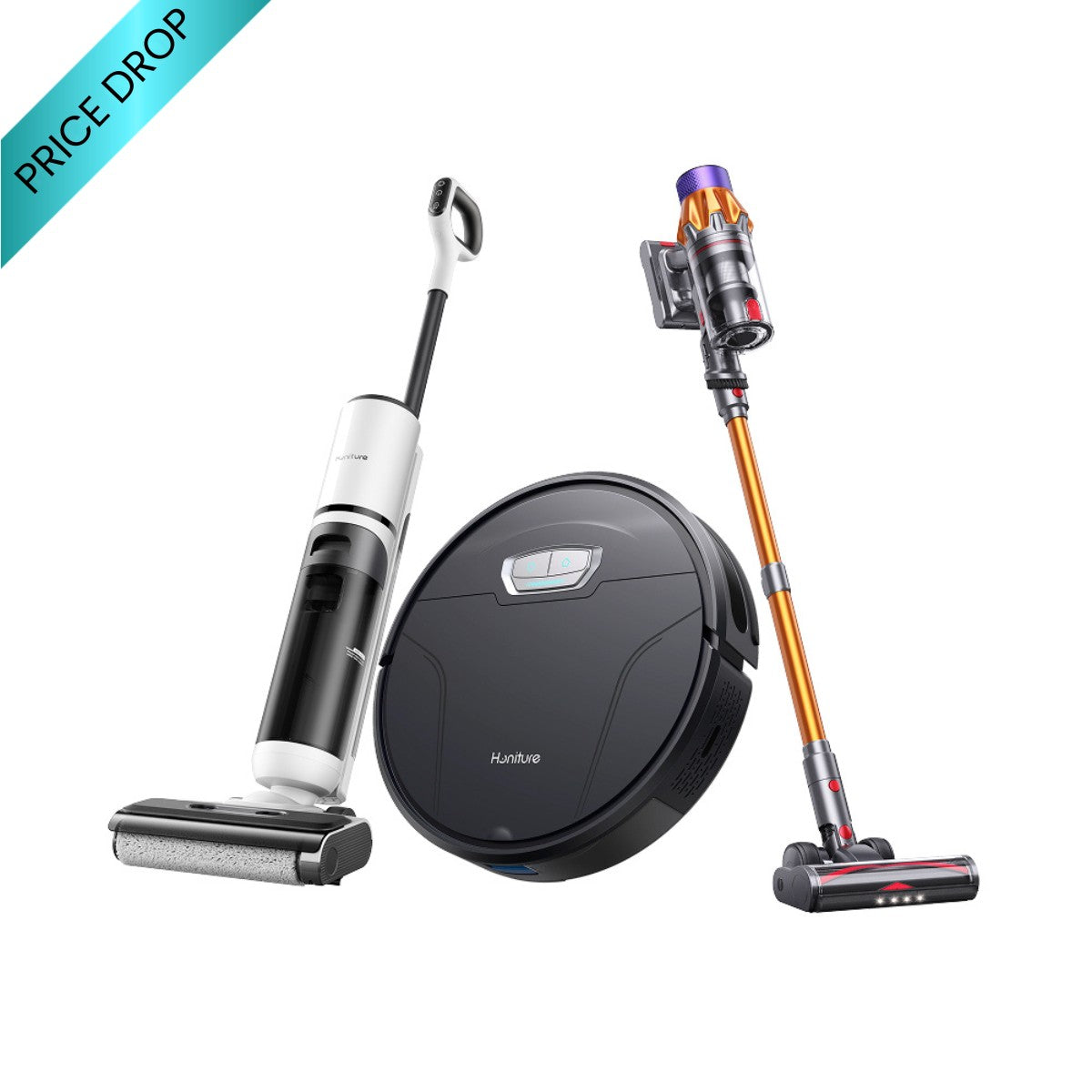 Cordless stick vacuum cleaner and round robot vacuum, white/black with orange accents