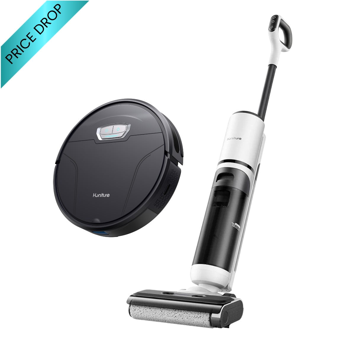 Round robot vacuum and stick vacuum cleaner combo, black and white with orange pole