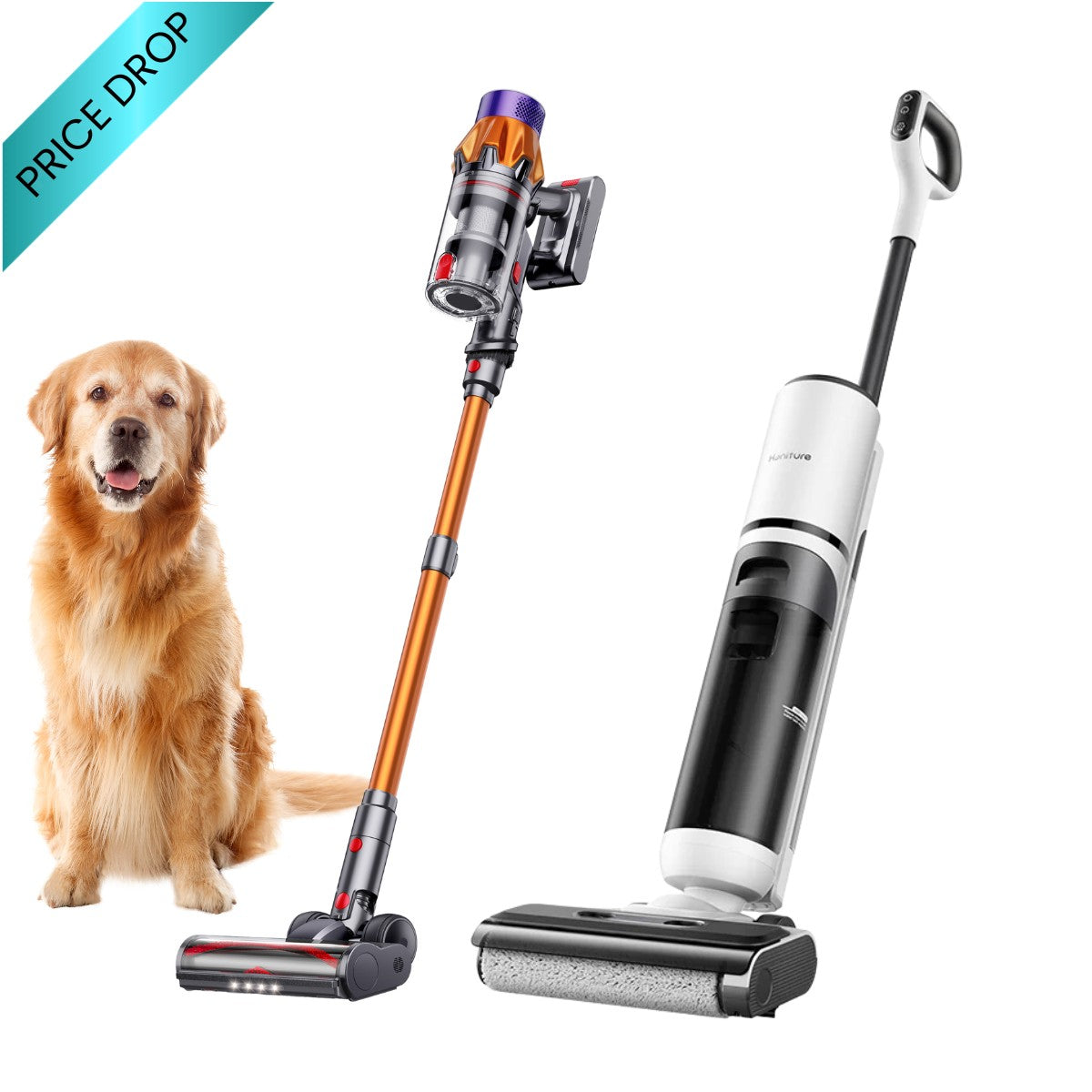 Cordless stick vacuum cleaner with pet floor brush, white and black body with orange pole