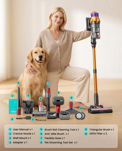 Orange cordless stick pet vacuum with floor nozzle and detachable brush tools, upright.