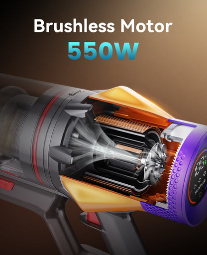 Pet vacuum cleaner brushless motor unit with airflow arrows and orange intake