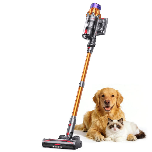 Pet vacuum cleaner with orange-and-gold wand and purple cyclone dust bin