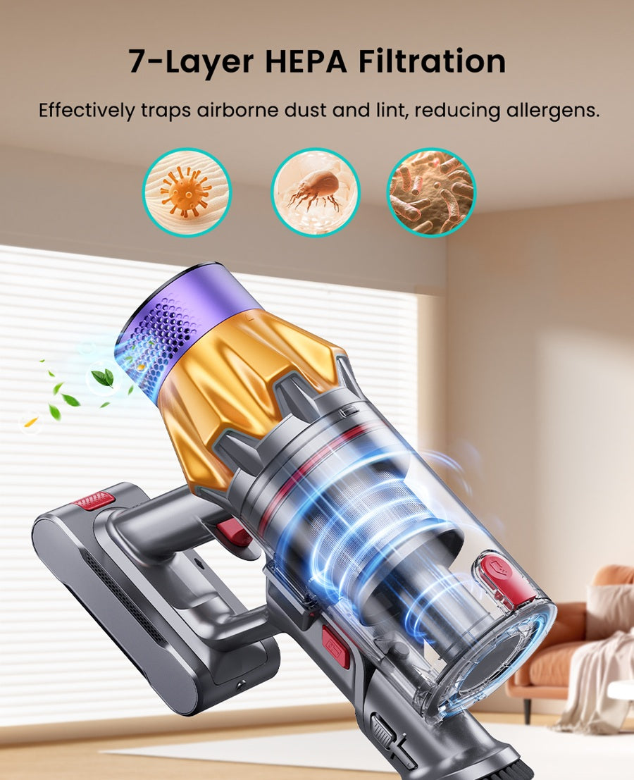 Cyclone vacuum canister with transparent filter chamber, purple and silver
