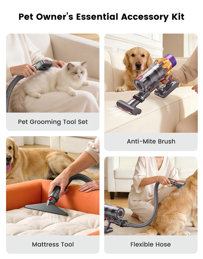 Pet cleaning accessory kit with grooming tool set, mattress tool, and flexible hose